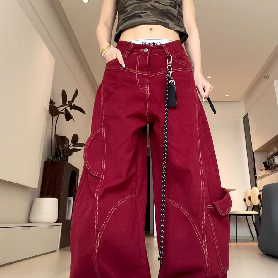 Women's Retro Wide Leg Straight Jeans with Contrast Stitching