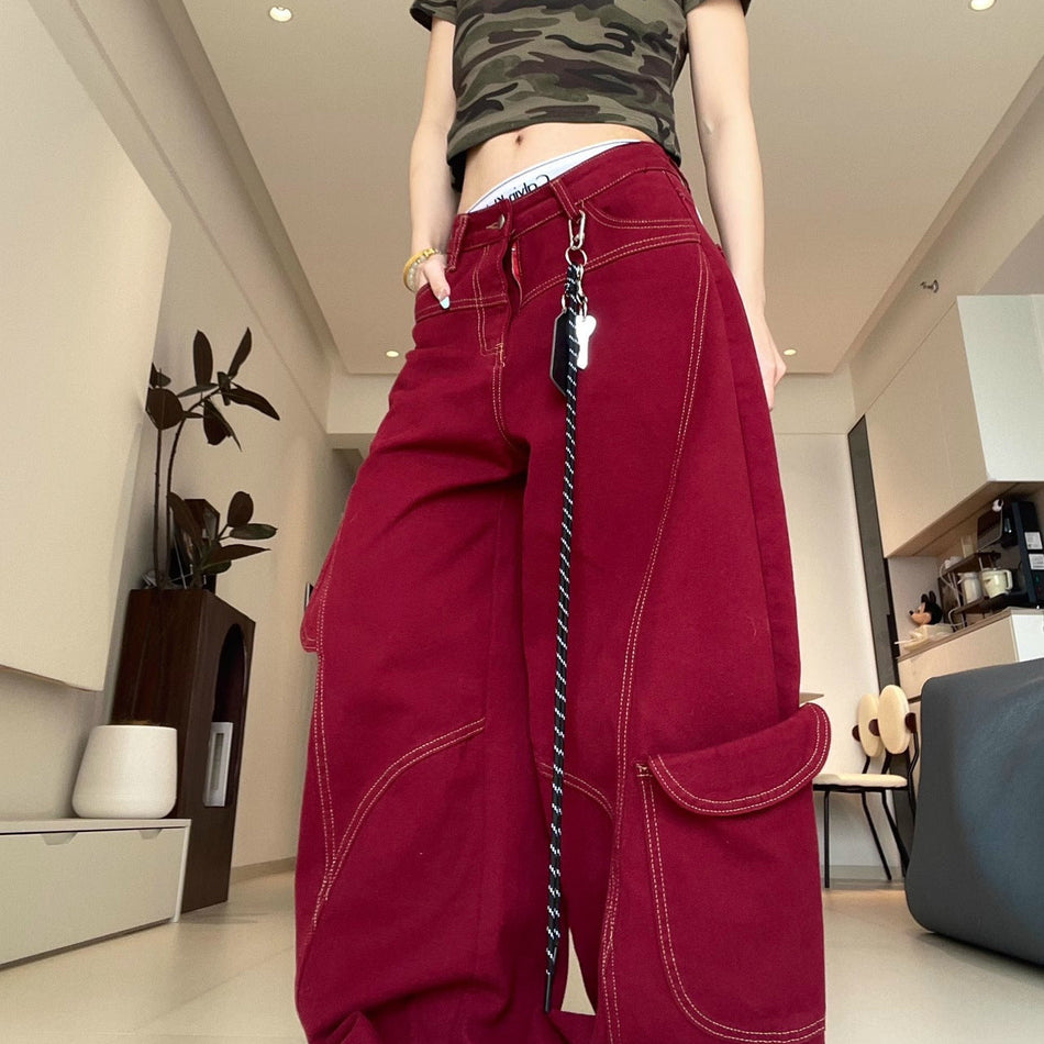 Women's Retro Wide Leg Straight Jeans with Contrast Stitching