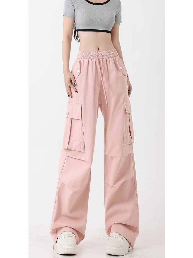 Women's High Waist Wide Leg Cargo Pants with Drawstring Hem
