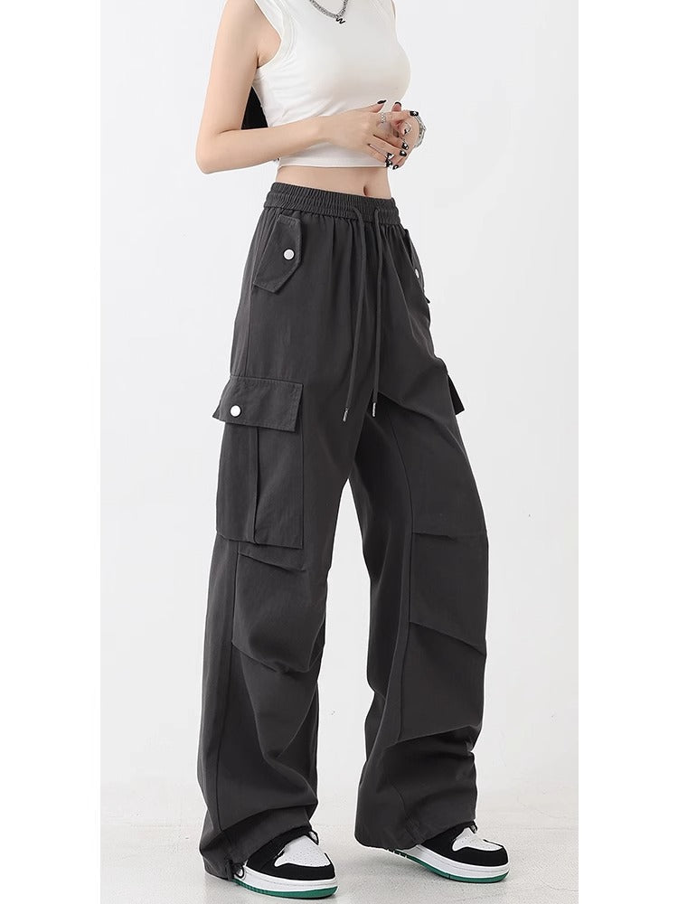 Women's High Waist Wide Leg Cargo Pants with Drawstring Hem