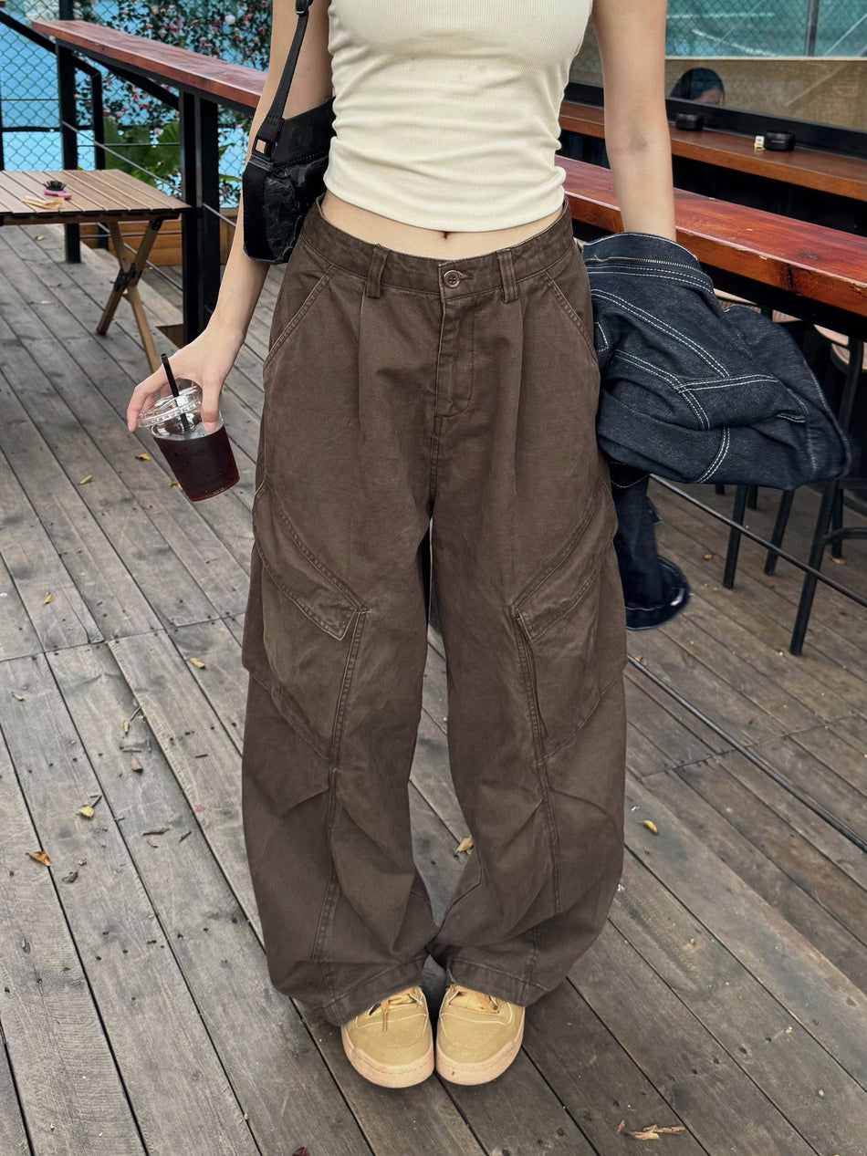 Women's Washed Cotton Wide Leg Cargo Pants with Utility Pockets