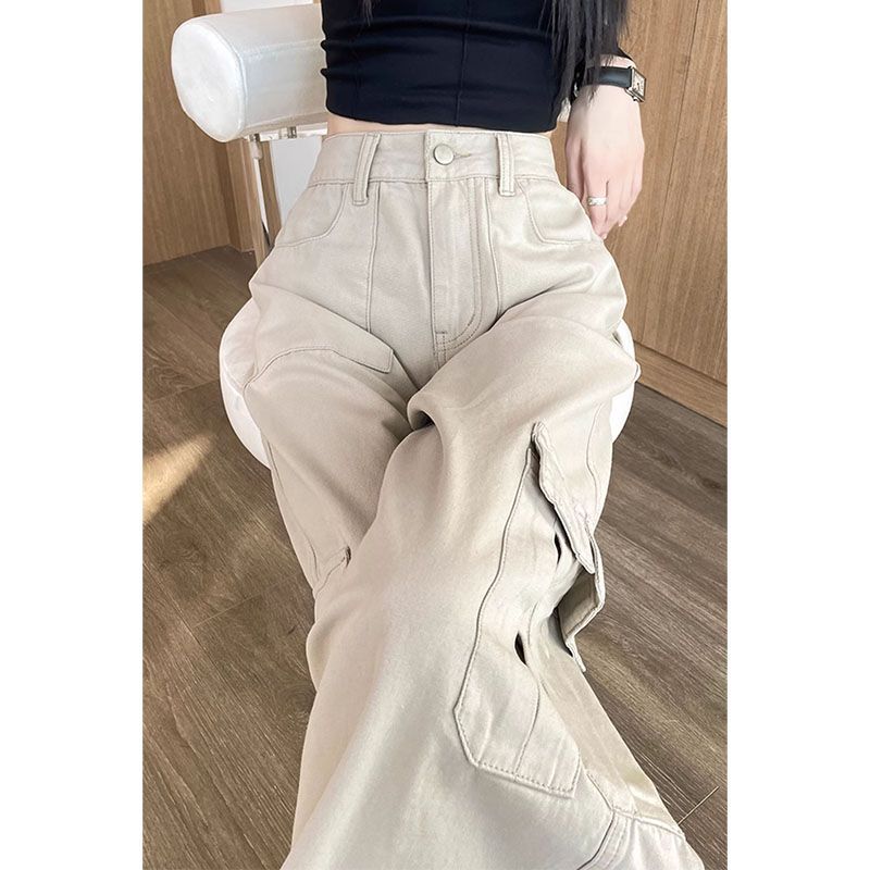 Women's High Waist Wide Leg Denim Jeans with Utility Pockets