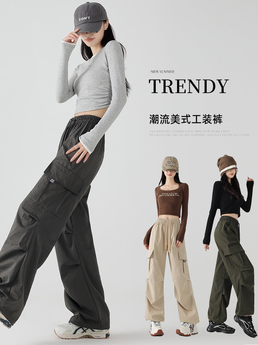 Women's High Waist Parachute Cargo Pants with Wide Leg Fit