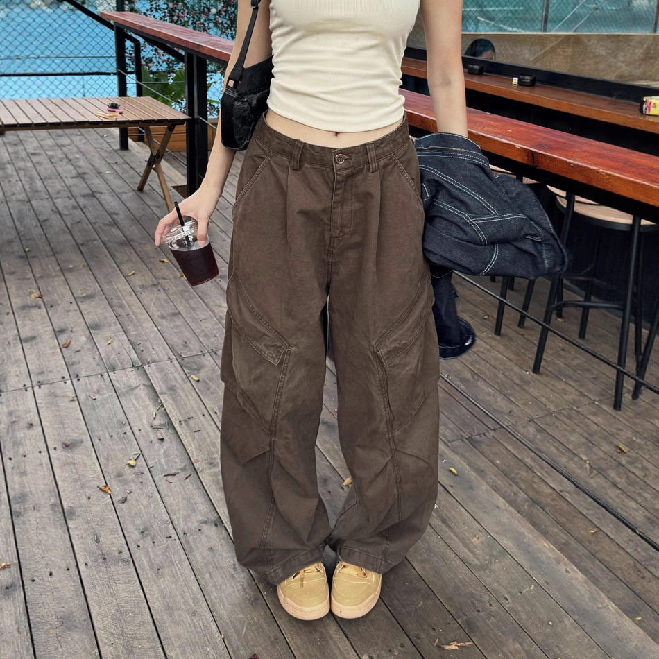 Women's High Waist Cotton Wide Leg Cargo Pants