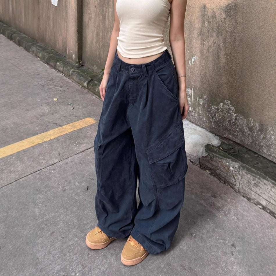 Women's High Waist Cotton Wide Leg Cargo Pants