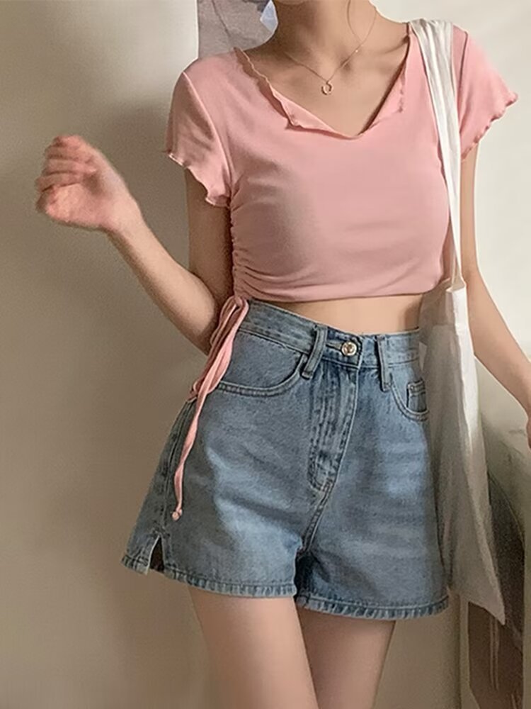 Denim High Waist A-Line Shorts for Women with Pocket Detail