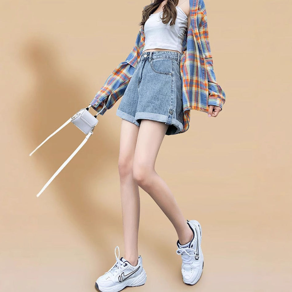 Women's High Waist A-Line Denim Shorts with Wide Leg Fit