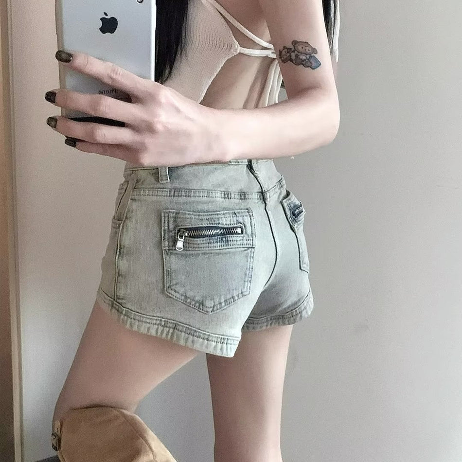 Women's Black High Waist A-Line Denim Shorts with Pocket Detail