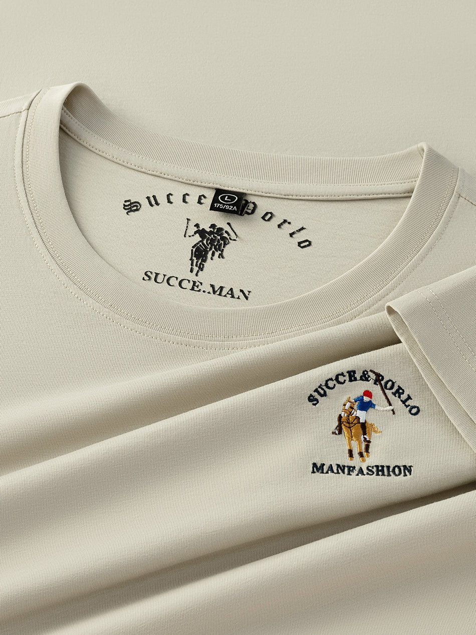 Men's Pure Cotton Embroidered Crew Neck Breathable T-Shirt