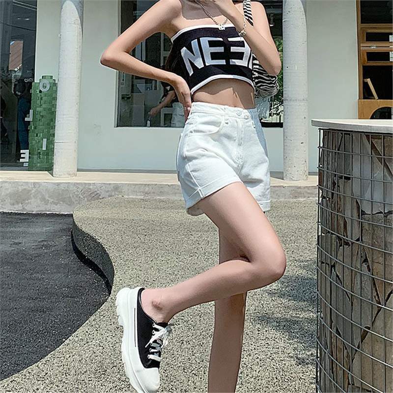 Women's High Waist Rolled Hem A-Line Denim Shorts with Belt