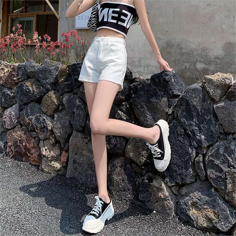 Women's High Waist Rolled Hem A-Line Denim Shorts with Belt