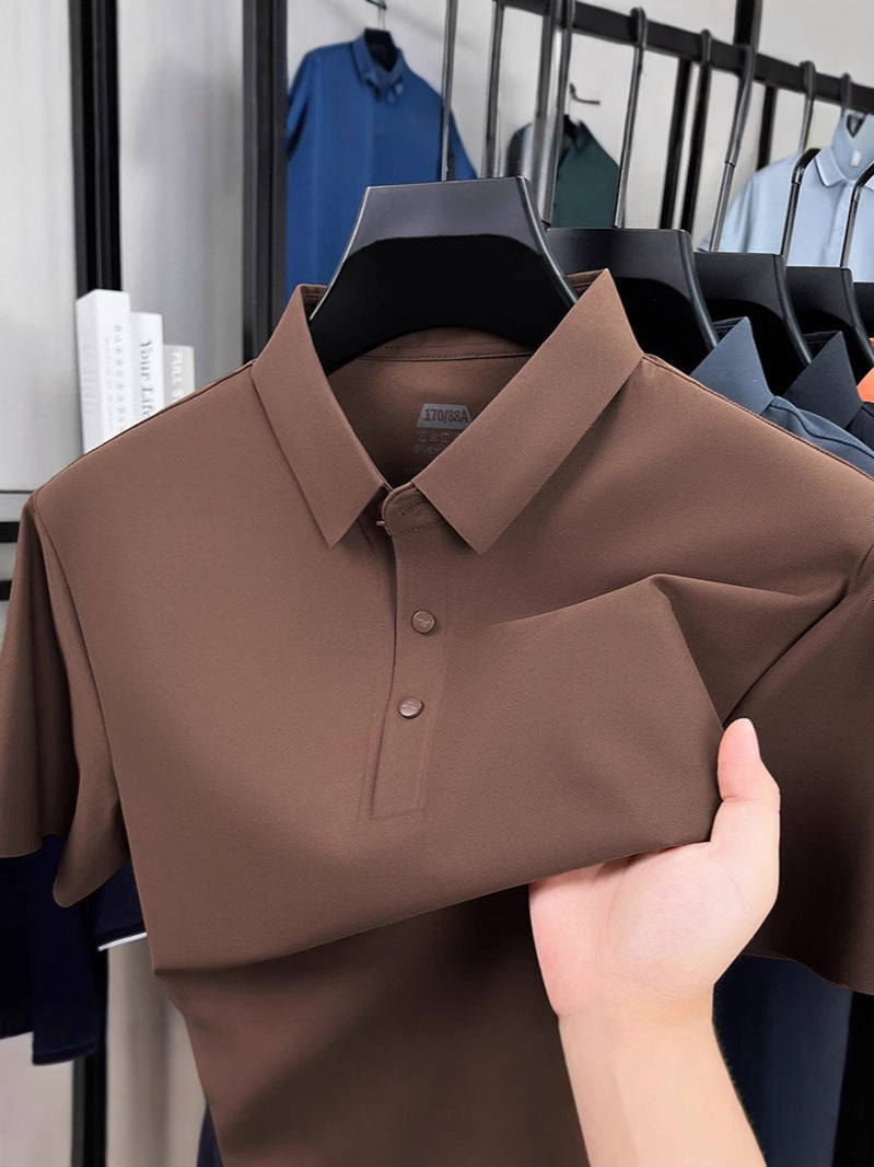 Men's Ice Silk Cotton Polo Shirt Short Sleeve Solid Color Top