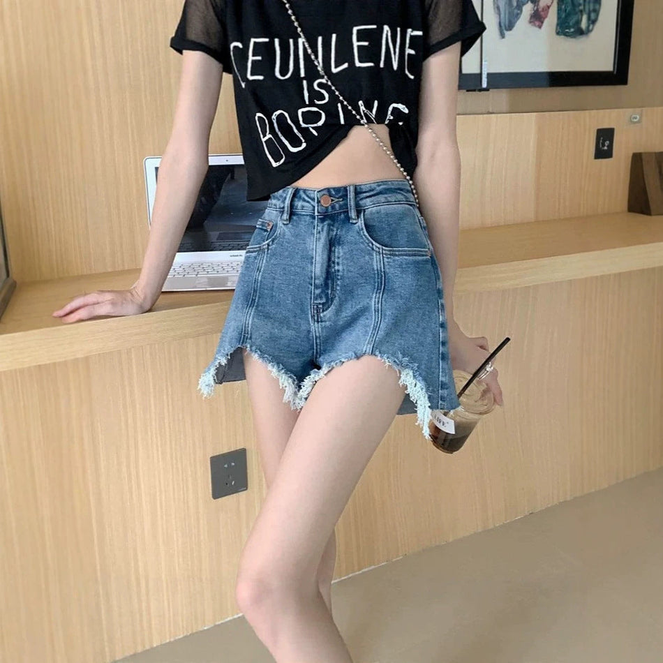 Women's High Waist Frayed A-Line Denim Shorts with Pockets