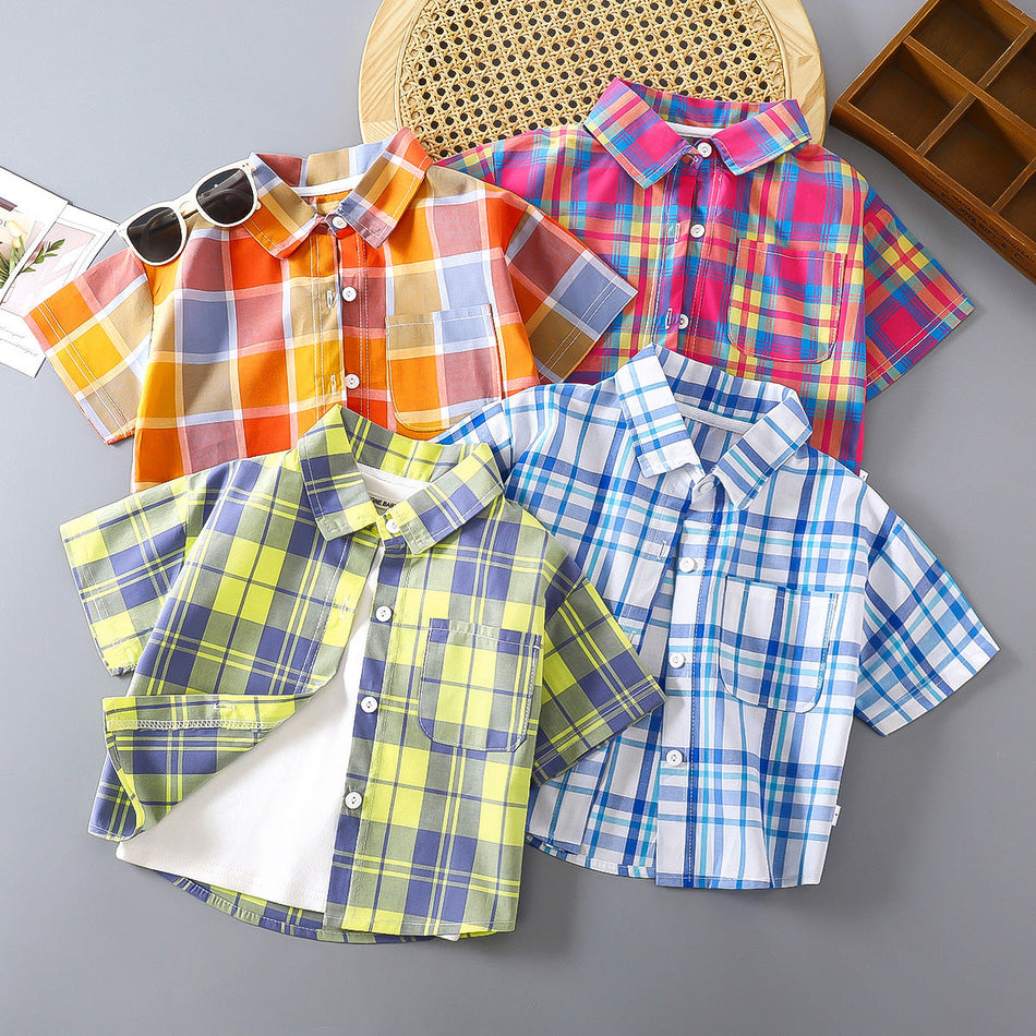 Boys Cotton Plaid Button-Up Shirt with Turn-Down Collar