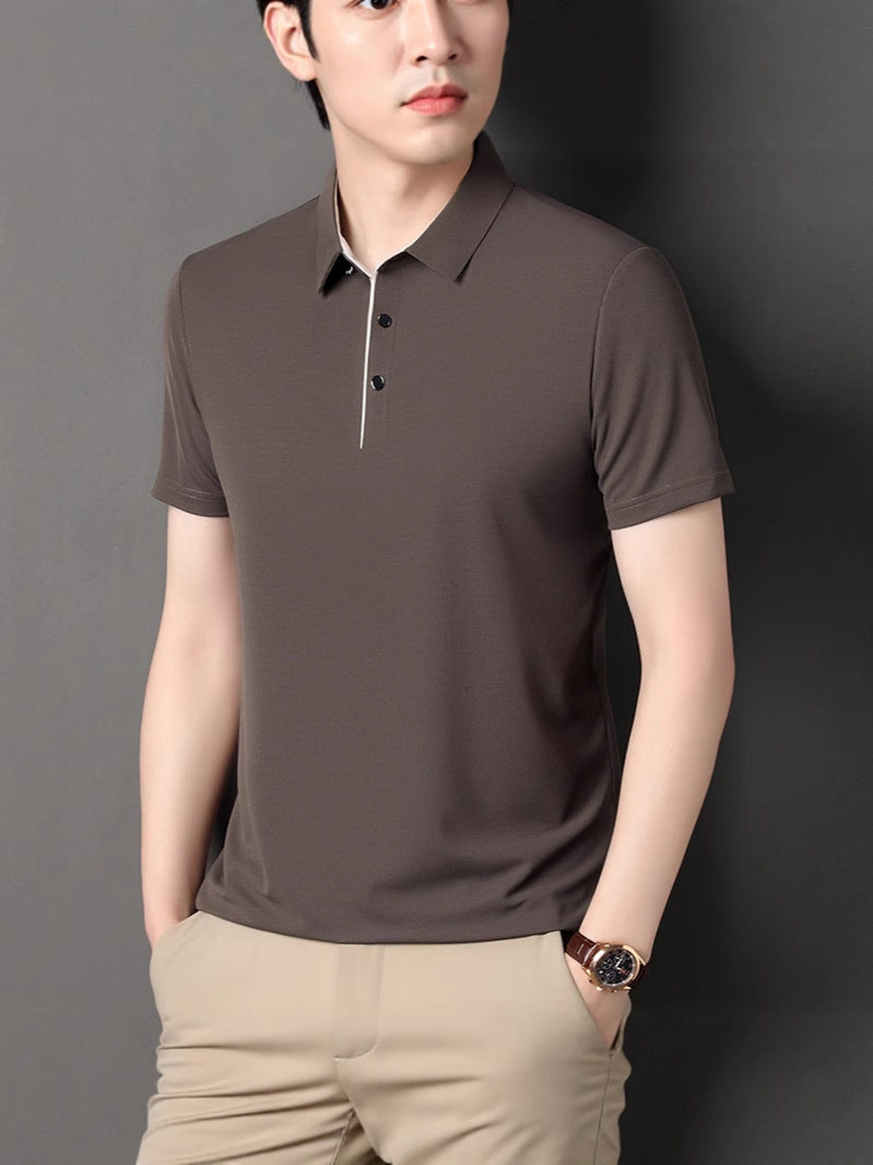 Men's Ice Silk Business Casual Polo Shirt Short Sleeve Solid Top