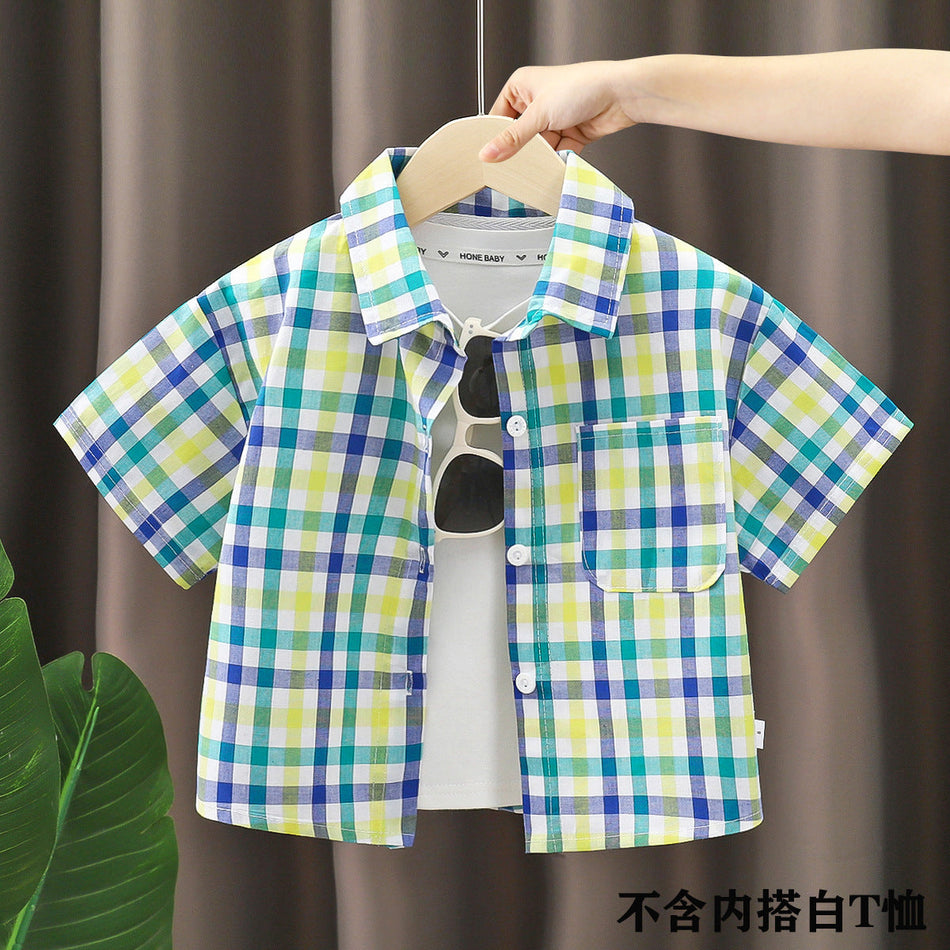 Boys Cotton Plaid Button-Up Shirt with Turn-Down Collar