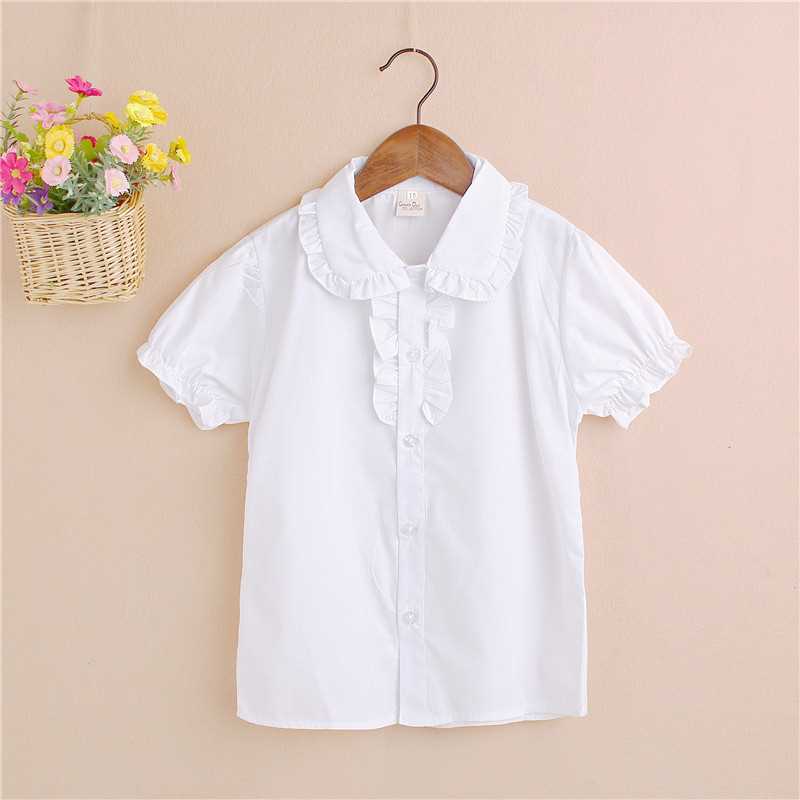 Girls Lace Trim White Cotton Short Sleeve Shirt
