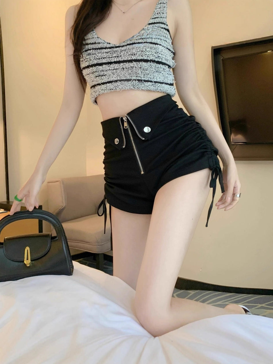 Women's High Waist Wide-Leg Casual Shorts with Zip Detail