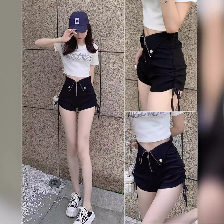 Women's Ultra High Waist A-Line Black Shorts with Drawstring