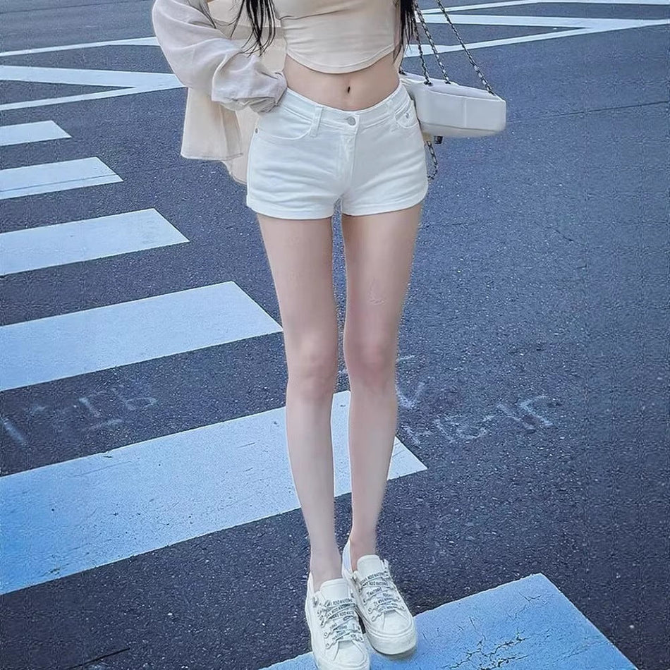 Women's High Waist Stretch Denim Hot Pants in Classic White