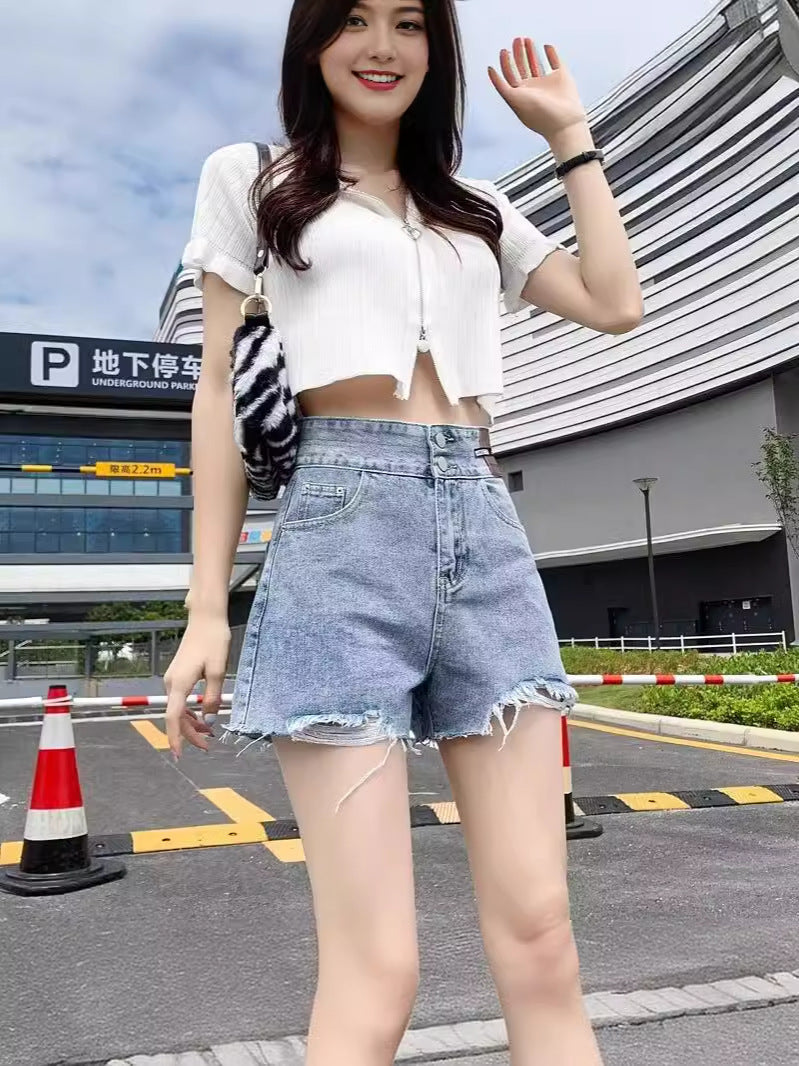Women's Plus Size High Waist A-Line Denim Shorts with Zip