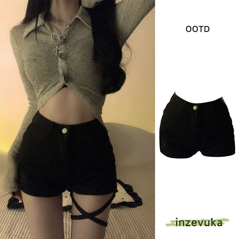 Women's High Waist Stretch Black Denim Shorts with Button Detail