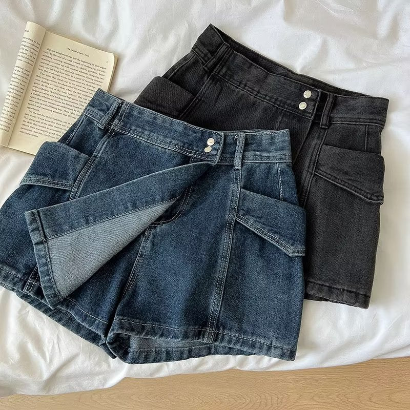 Women's High Waist Irregular Denim Skort with Wide-Leg Fit