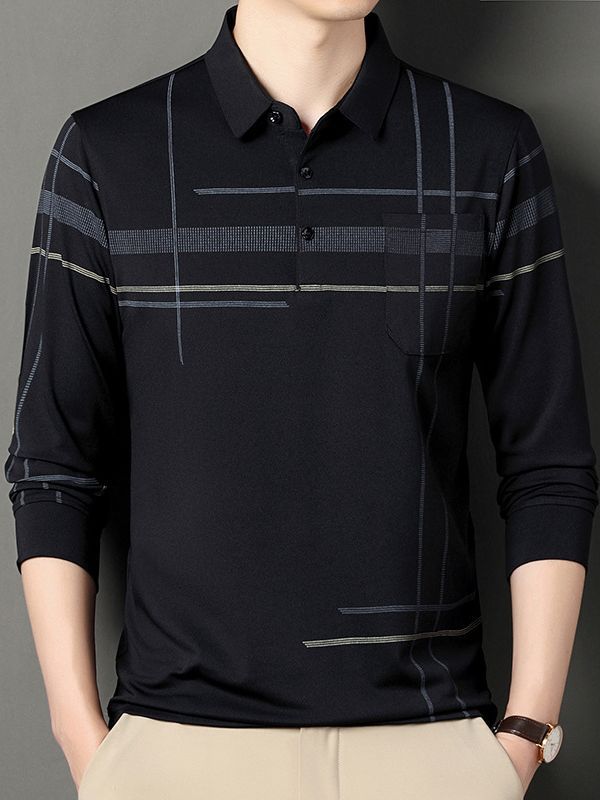 Men's Striped Long Sleeve Polo Shirt Casual Korean Style Top