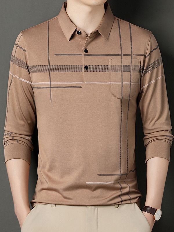 Men's Striped Long Sleeve Polo Shirt Casual Korean Style Top