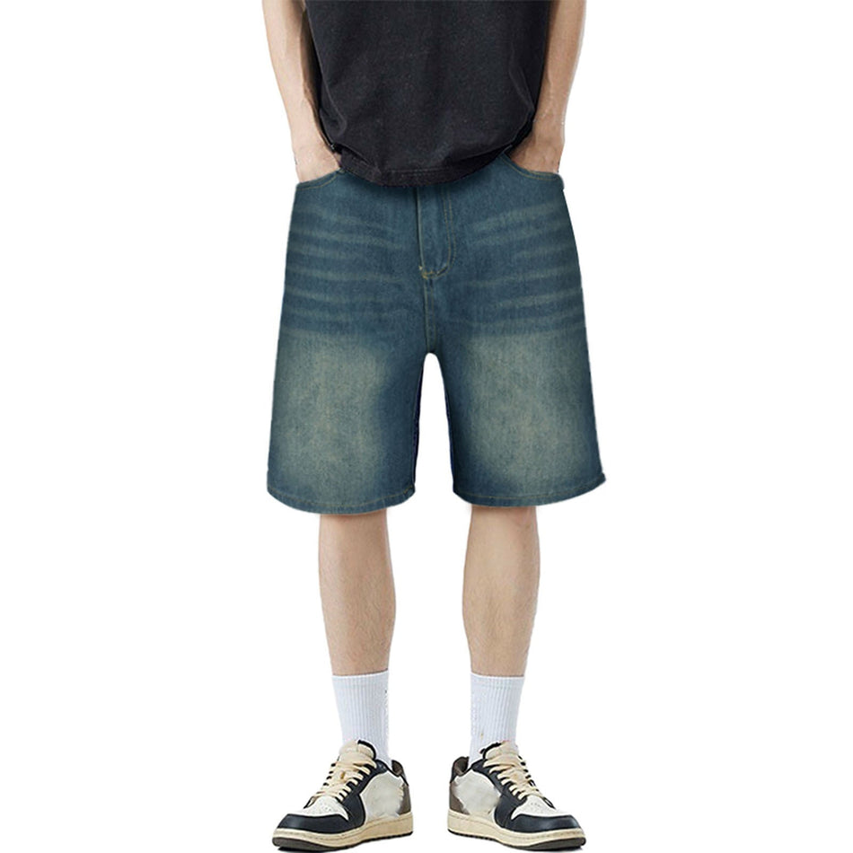 Summer Light Blue Loose Fit Denim Shorts for Men, Mid-Length
