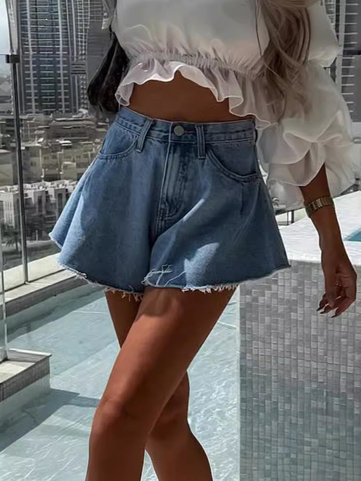 Women's High Waist A-Line Denim Shorts with Flared Fit