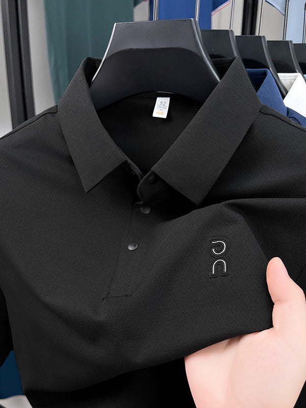 Men's Ice Silk Seamless Stretch Polo Shirt V-Neck Printed Top