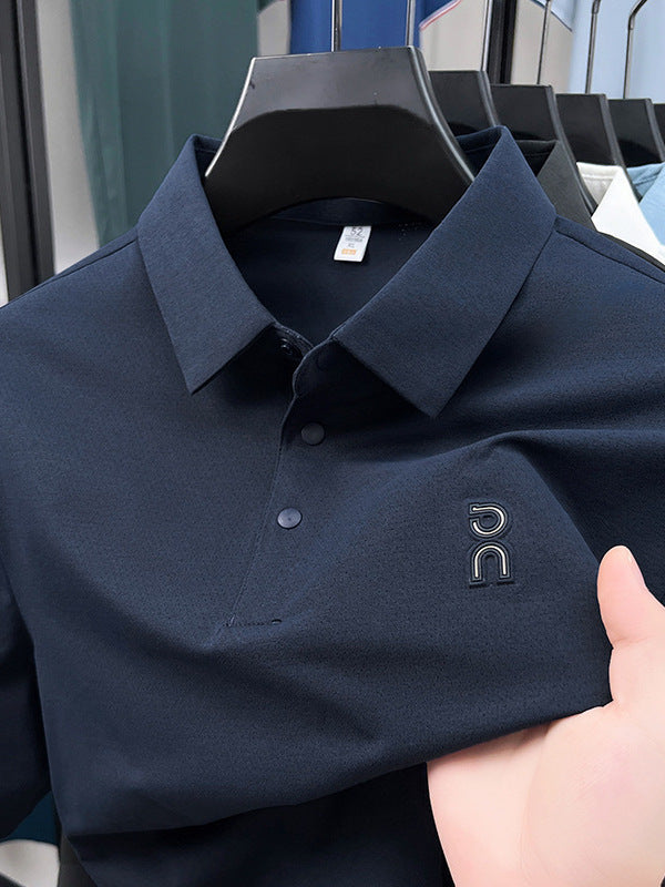 Men's Ice Silk Seamless Stretch Polo Shirt V-Neck Printed Top