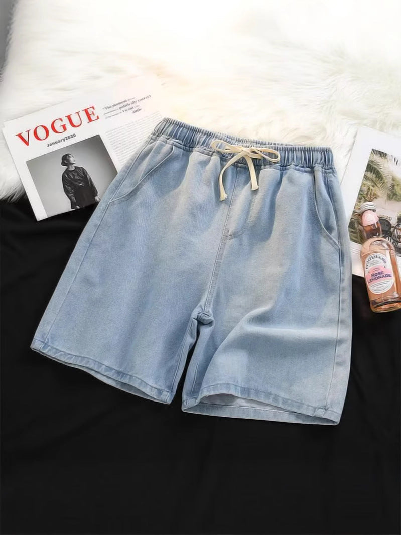 Washed Elastic Waist Denim Mid-Length Shorts for Men, Loose Fit