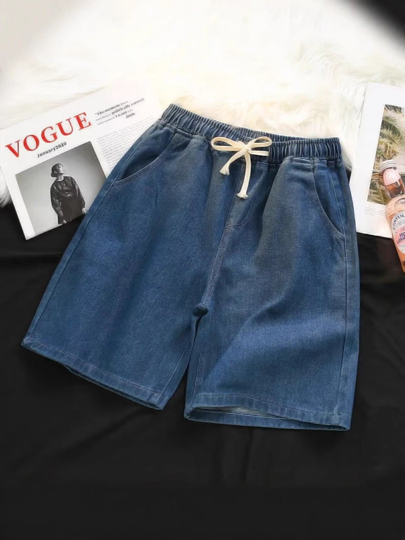 Washed Elastic Waist Denim Mid-Length Shorts for Men, Loose Fit