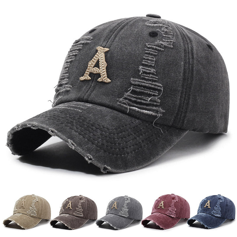 Washed Embroidered Baseball Cap with Distressed Raw Edge