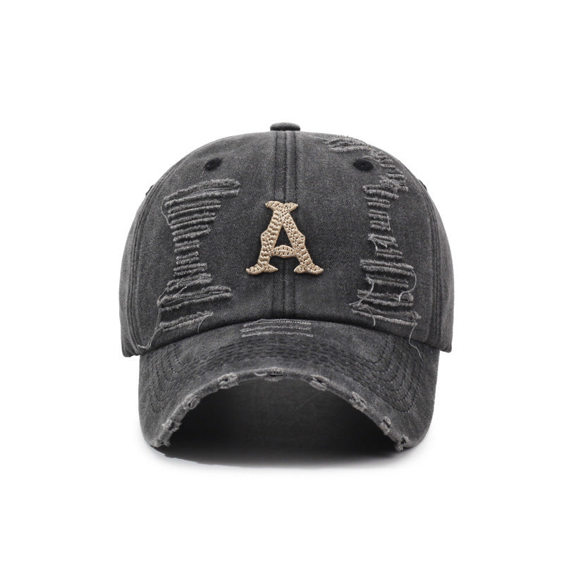 Washed Embroidered Baseball Cap with Distressed Raw Edge