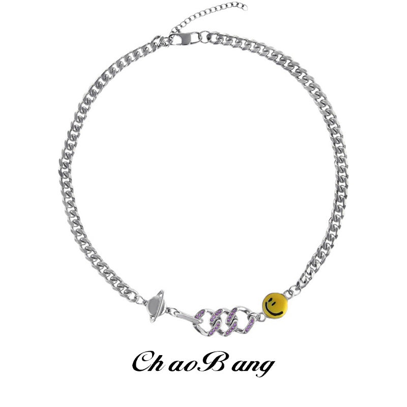 Titanium Steel Planet Smiley Necklace Unisex Hip Hop Chain