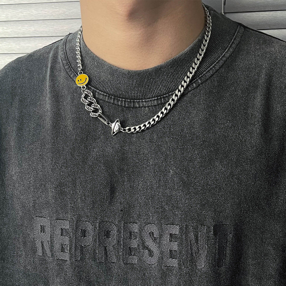 Titanium Steel Planet Smiley Necklace Unisex Hip Hop Chain