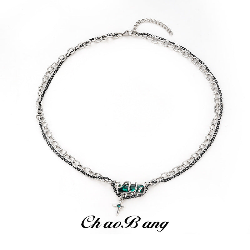 Snake Double Layer Necklace with White Stone Pendant Jewelry