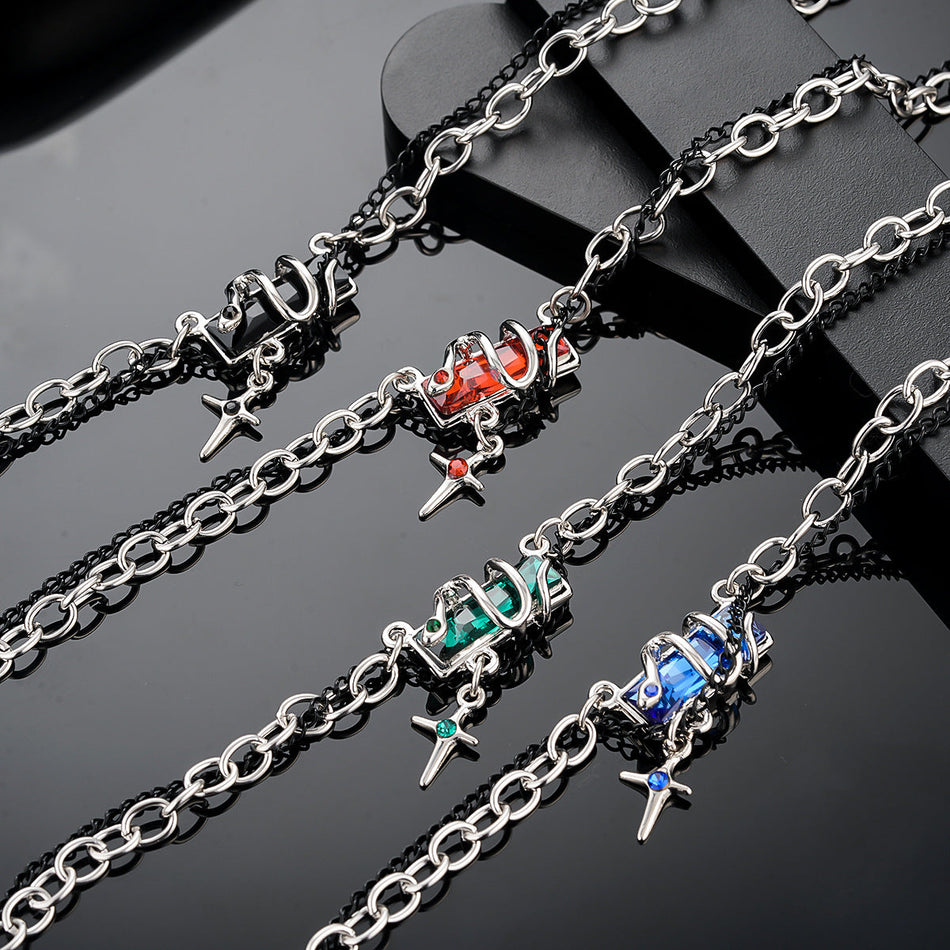 Snake Double Layer Necklace with White Stone Pendant Jewelry