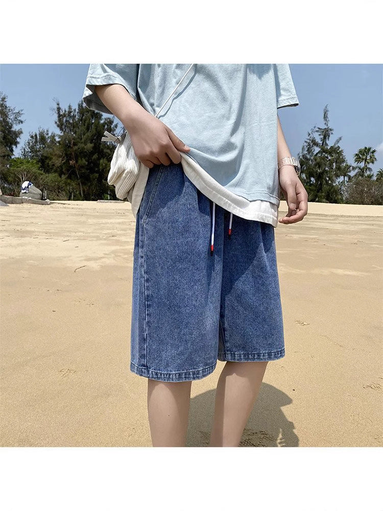 Unisex Drawstring Loose Straight Denim Shorts, Korean Style