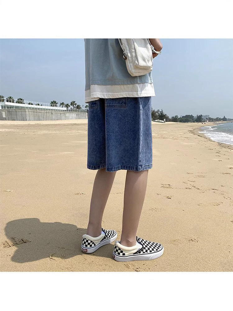 Unisex Drawstring Loose Straight Denim Shorts, Korean Style