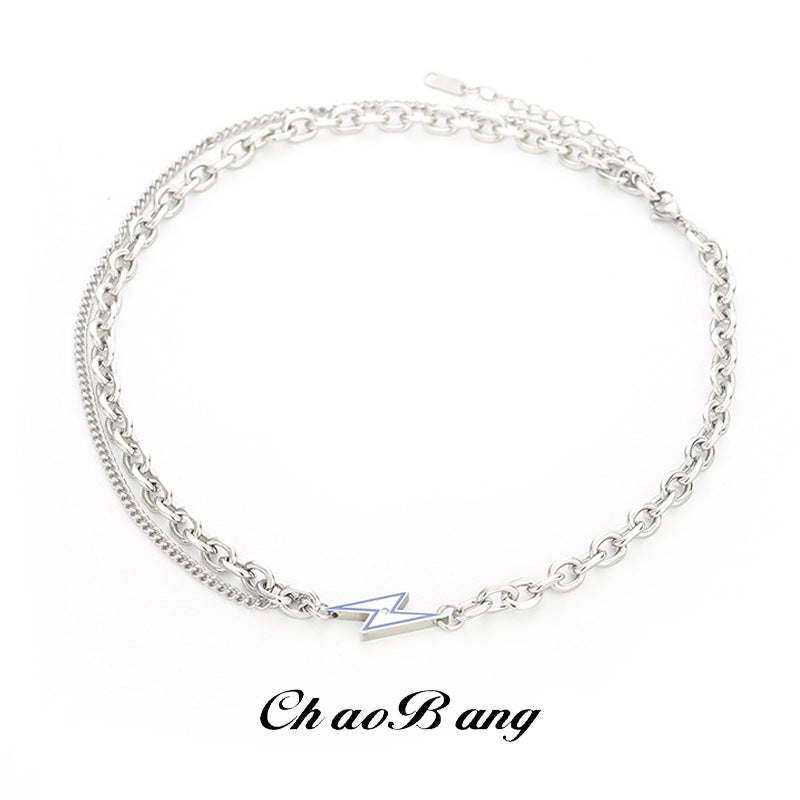 Blue Lightning Titanium Steel Double Layer Cuban Necklace