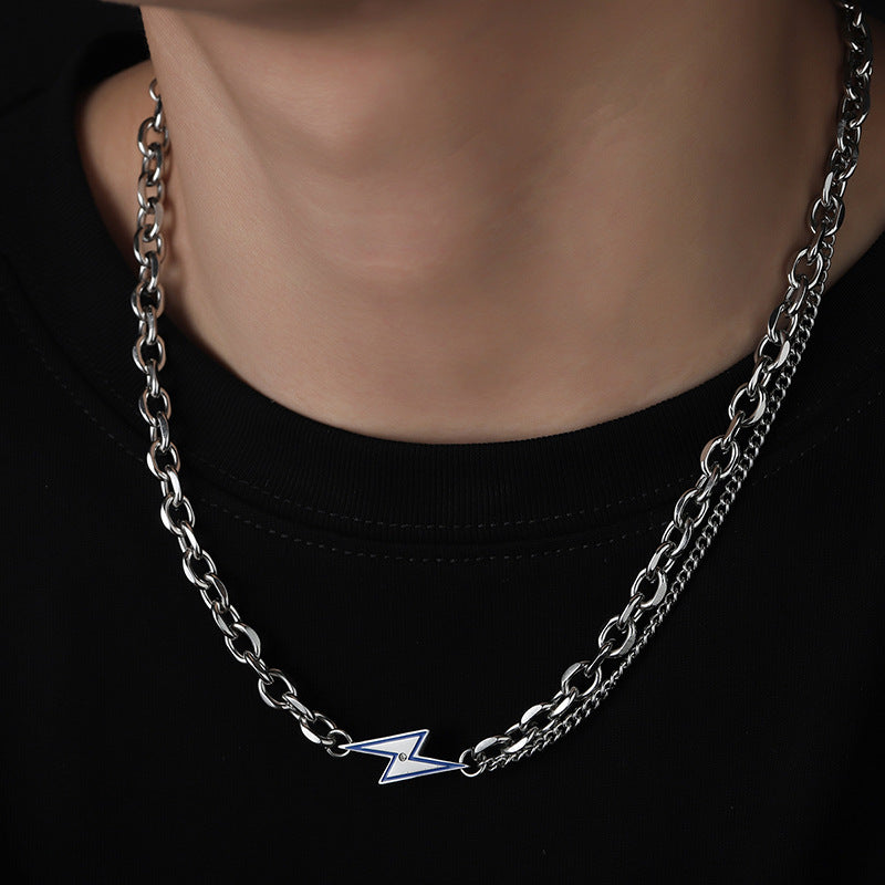 Blue Lightning Titanium Steel Double Layer Cuban Necklace