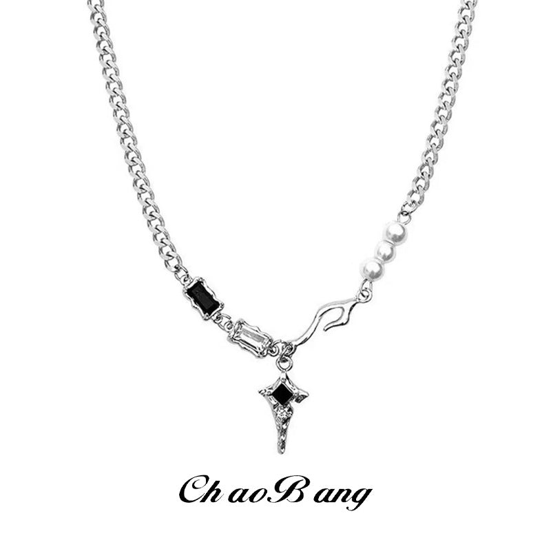 Black White Zircon Star Galaxy Titanium Steel Necklace