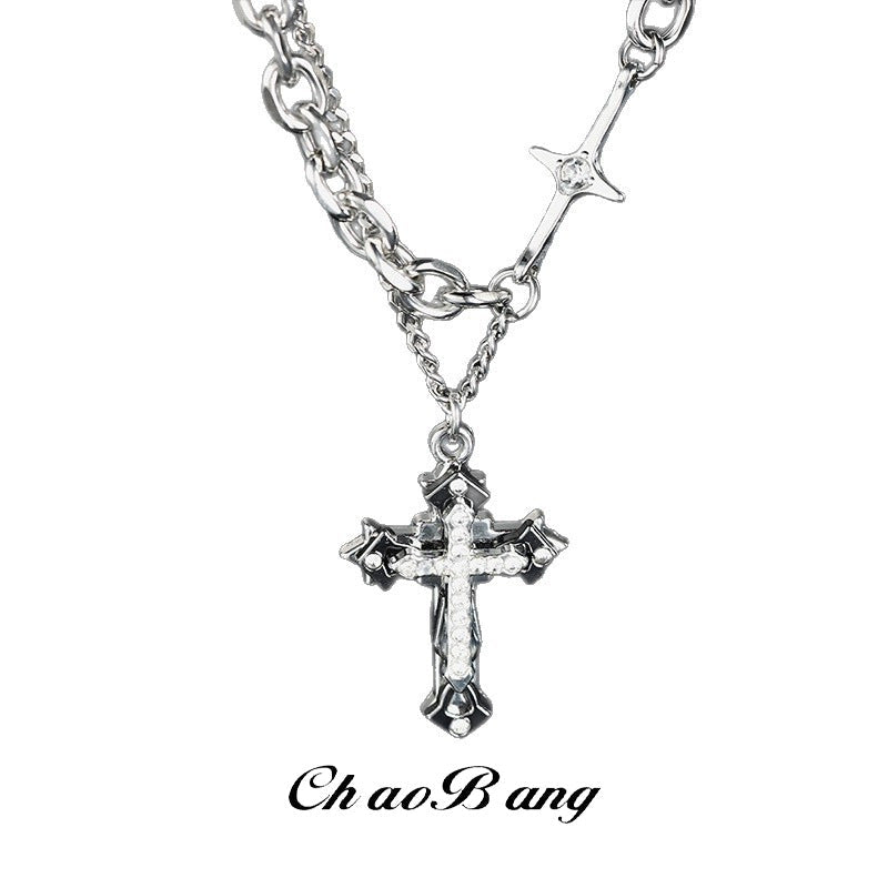 Diamond Cross Titanium Steel Necklace Unisex Couple Jewelry