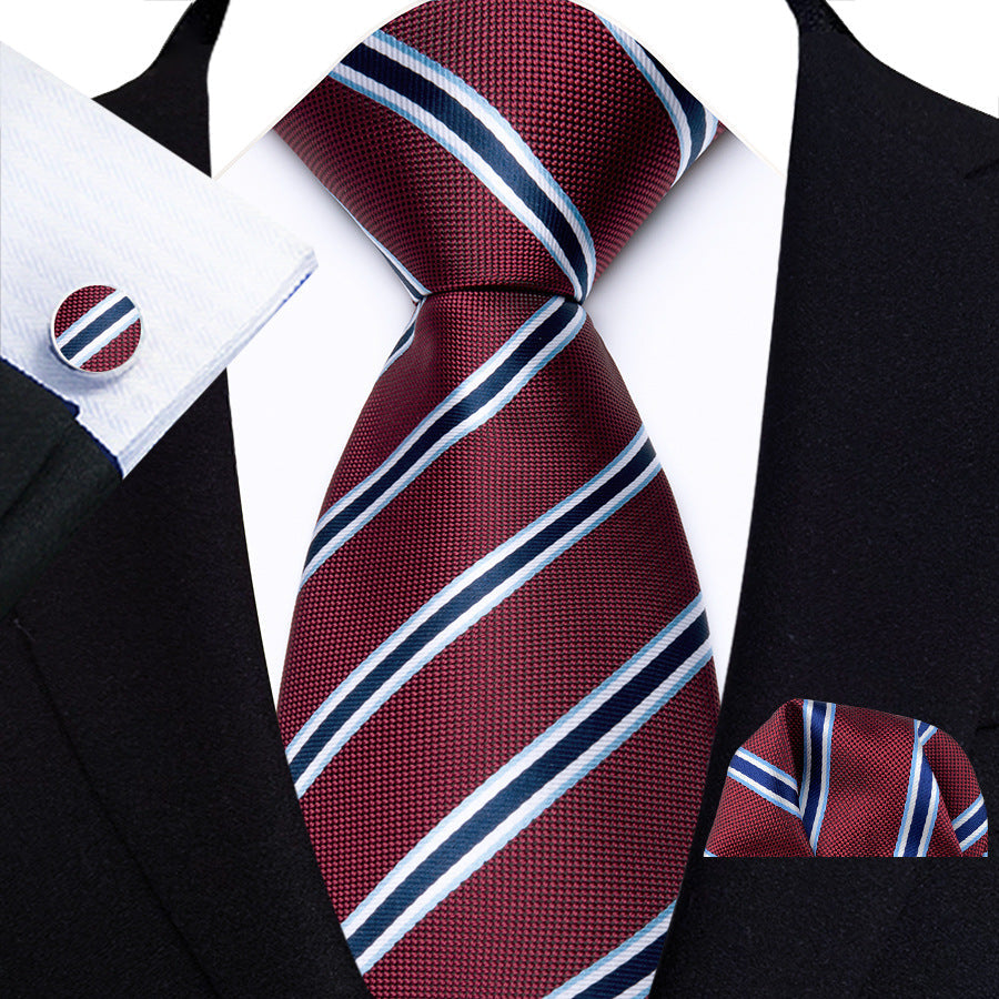 Men's Striped Tie Pocket Square Cufflinks Three Piece Set - Pack
