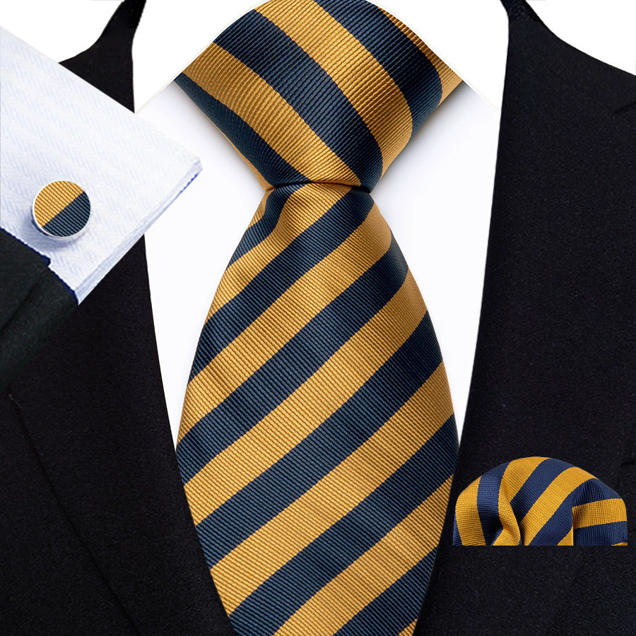 Men's Striped Tie Pocket Square Cufflinks Three Piece Set - Pack