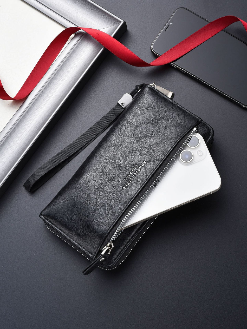 Men's Soft Leather Long Zip Wallet Phone & Card Clutch Bag